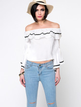 Casual Off Shoulder Contrast Trim Flounce Bell Sleeve Blouse