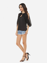 Casual Hollow Out Plain Cape Sleeve Dramatic Off Shoulder Blouse
