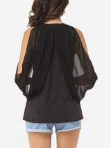 Casual Hollow Out Plain Cape Sleeve Dramatic Off Shoulder Blouse