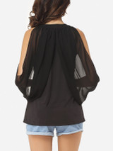 Casual Hollow Out Plain Cape Sleeve Dramatic Off Shoulder Blouse