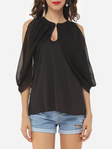 Casual Hollow Out Plain Cape Sleeve Dramatic Off Shoulder Blouse