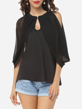 Casual Hollow Out Plain Cape Sleeve Dramatic Off Shoulder Blouse