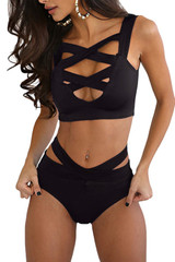 Women's Criss Cross High Waist Bandage 2PCS Bikini Set Swimsuit