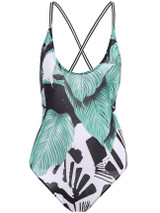 Casual Spaghetti Strap Leaf Printed X-Back One Piece