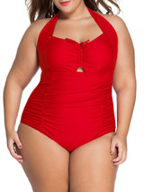 Casual Backless Plain Halter Plus Size One Piece