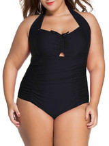 Casual Backless Plain Halter Plus Size One Piece