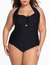 Casual Backless Plain Halter Plus Size One Piece