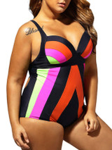Casual Color Block Asymmetric Stripe Plus Size One Piece