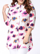 Casual High-Low Band Collar Single Breasted Printed Plus Size Blouse