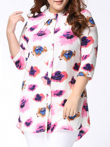Casual High-Low Band Collar Single Breasted Printed Plus Size Blouse
