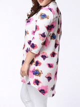 Casual High-Low Band Collar Single Breasted Printed Plus Size Blouse