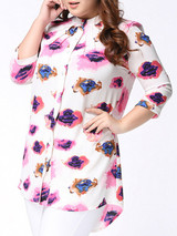 Casual High-Low Band Collar Single Breasted Printed Plus Size Blouse