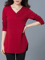 Casual Designed V-Neck Side Slit Plain Plus Size T-Shirt