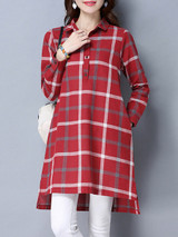 Casual Polo Collar Single Breasted Slit Pocket Plaid Plus Size Blouse