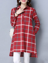Casual Polo Collar Single Breasted Slit Pocket Plaid Plus Size Blouse