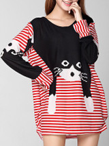 Casual Round Neck Cat Color Block Striped Plus Size T-Shirt