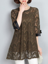 Casual Lace Chic Bowknot Hollow Out Plain Plus Size Blouse