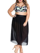Casual Spaghetti Strap Floral Printed Three-Piece Plus Size Swimwear