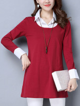 Casual Concise Designed Turn Down Collar Color Block Plus Size Blouse