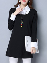 Casual Concise Designed Turn Down Collar Color Block Plus Size Blouse