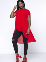 Casual Flowy High-Low Crew Neck Plain Chiffon Plus Size Blouse