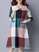 Casual Color Block Plaid Round Neck Pocket Shift Dress