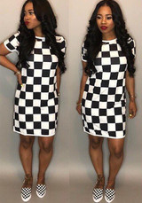 Black-White Plaid Pattern Round Neck Short Sleeve Casual Midi Dress