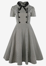 Black White Plaid Bow Buttons Turndown Collar Round Neck Short Sleeve Midi Dress