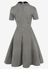 Black White Plaid Bow Buttons Turndown Collar Round Neck Short Sleeve Midi Dress