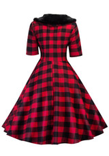 Red Plaid Vintage Fur Turndown Collar Buttons 3/4 Sleeve Midi Dress