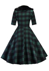 Green Plaid Vintage Fur Turndown Collar Buttons 3/4 Sleeve Midi Dress