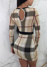 Beige Plaid Grenadine Cut Out Round Neck Mini Dress