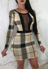 Beige Plaid Grenadine Cut Out Round Neck Mini Dress