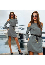 Casual New Women Grey Plaid Cut Out Round Neck Streetwear Polyester Mini Dress