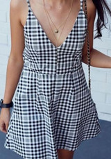 Casual Black Plaid Condole Belt Pleated V-neck Fashion Mini Dress