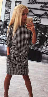 Casual Black Plaid Pleated 3/4 Sleeve Fashion Mini Dress