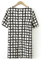 Casual Black-White Plaid Print Loose Cotton Blend Dress