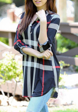 Casual Navy Blue Plaid Buttons Irregular V-neck 3/4 Sleeve Casual Loose Mini Dress