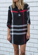 Casual Black Plaid Buttons Pattern 3/4 Sleeve Casual Mini Dress