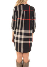 Casual Black Plaid Irregular Buttons 3/4 Sleeve Casual Mini Dress