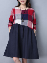 Casual Round Neck Pocket Color Block Plaid Skater Dress