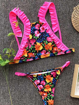 Floral Printed Falbala Bikinis Swimwear