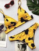 Yellow Printed Dull Lace-Up Bikinis Swimwear