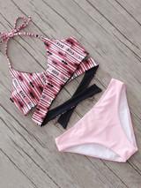 Casual Pink Romance Floral Print Cross High Waist Bikini Set