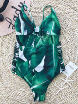 Casual Tropical Plants Vibes Leaves Print One Piece Bikini