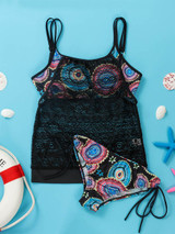 Casual Spaghetti Strap Patchwork Printed Swimwear