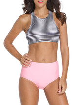 Casual Round Neck Racerback Color Block Striped Swimwear