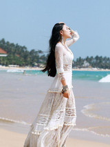 Lace V-neck Hollow Split-joint Maxi Dress