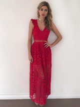 Lace Deep V-neck Backless Hollow Maxi Dress