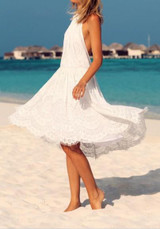 White Plain Cut Out Lace Backless Round Neck Boho Midi Dress